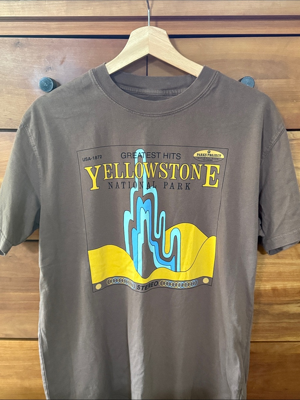 Parks Project Brown Tee with Yellow & Light Blue Yellowstone Print Size M
